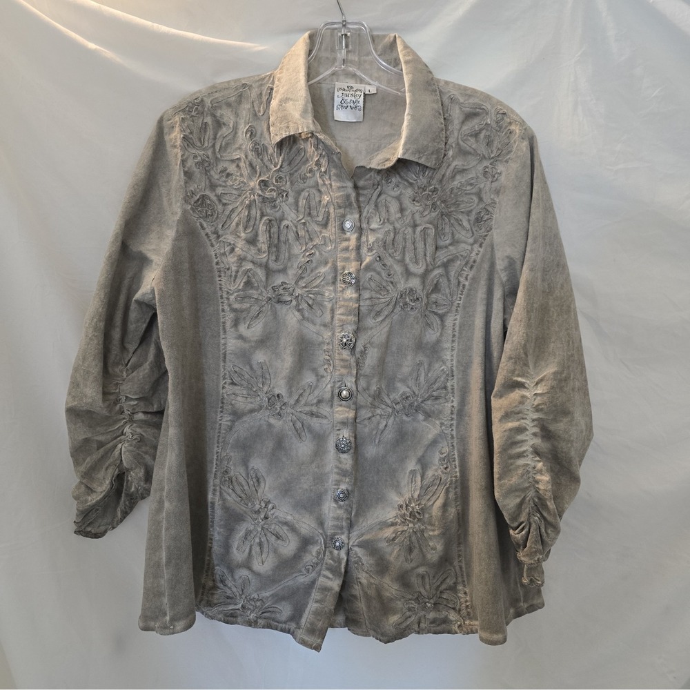 Parsley & Sage Acid Gray Button-Up Shirt Floral Accents Ornate Buttons Boho L
